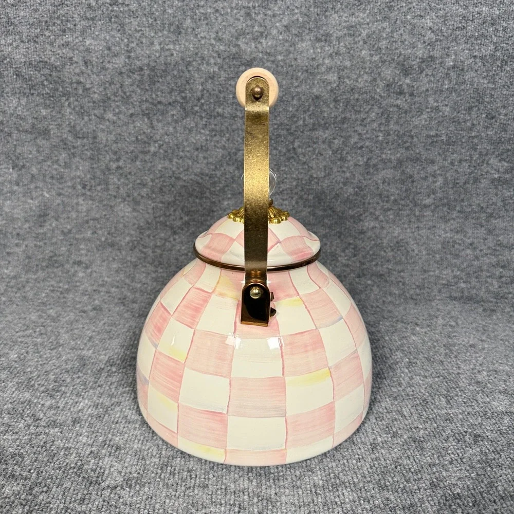 New Mackenzie Tea Kettle Childs 3 Quart Enamel Rosy Check Pink Plaid